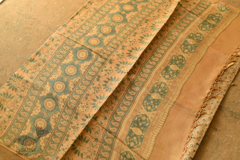 shop handmade ajrakh printed Tussar Silk saree