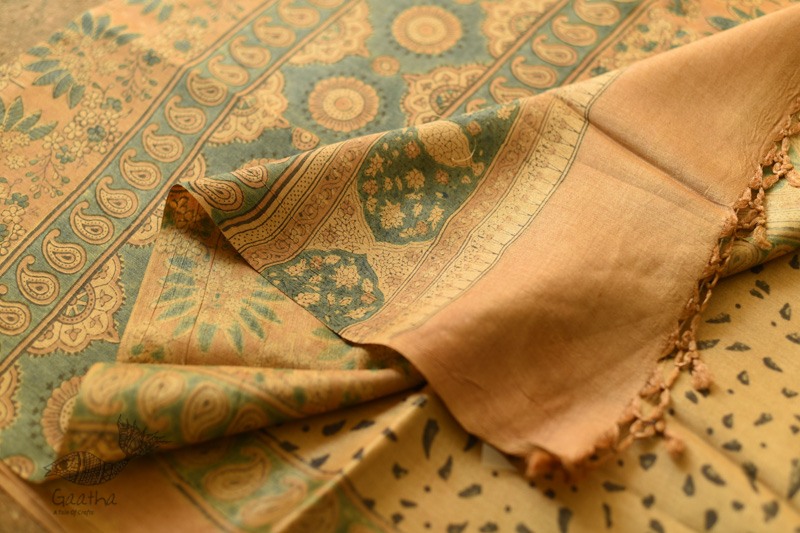 shop handmade ajrakh printed Tussar Silk saree