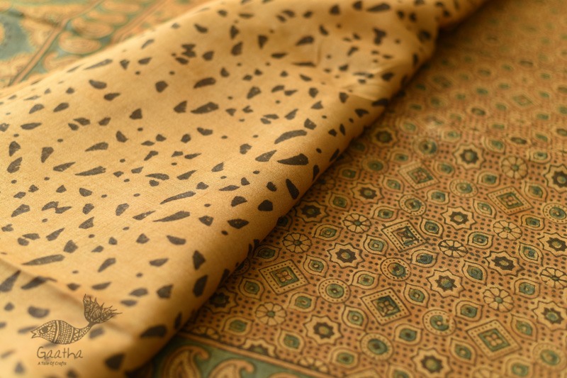 shop handmade ajrakh printed Tussar Silk saree