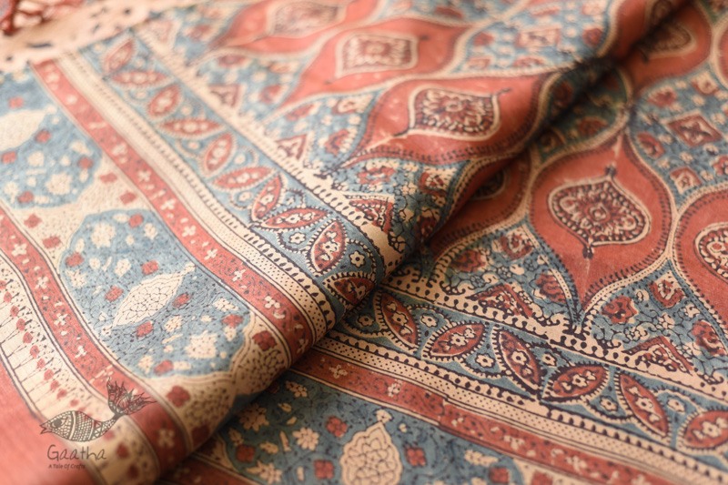 shop handmade ajrakh printed Tussar Silk saree