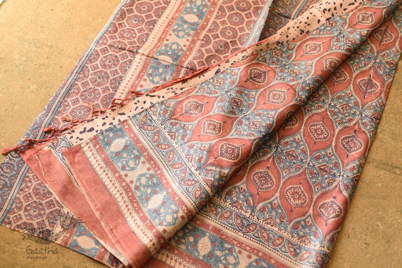 shop handmade ajrakh printed Tussar Silk saree