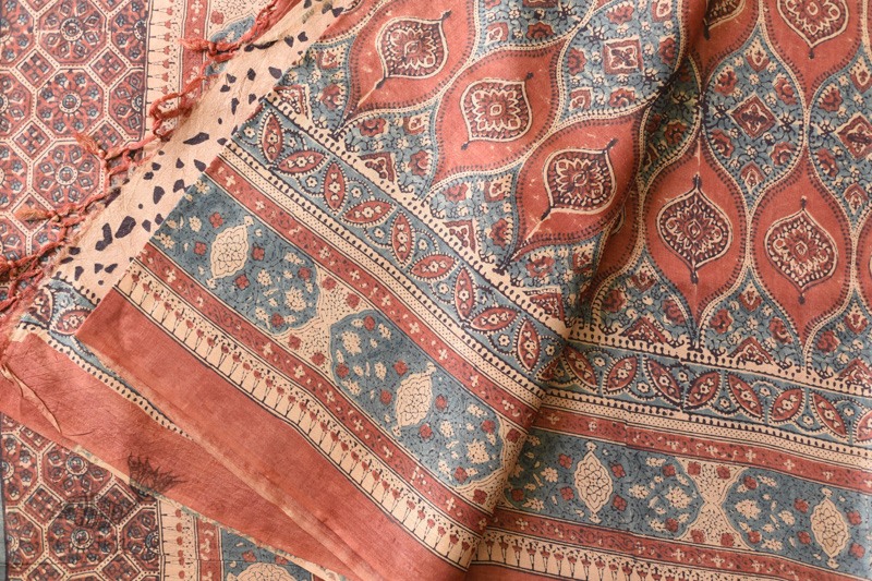 shop handmade ajrakh printed Tussar Silk saree