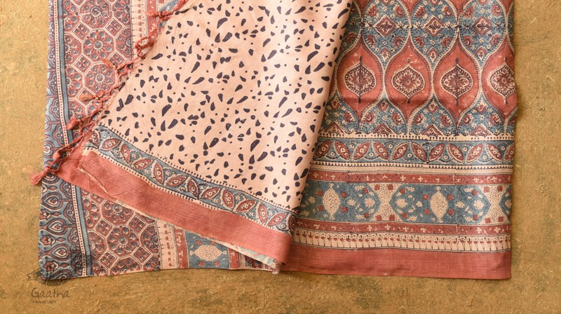 shop handmade ajrakh printed Tussar Silk saree