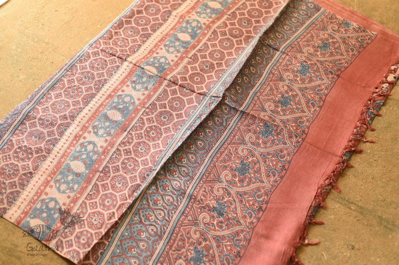 shop handmade ajrakh printed Tussar Silk saree