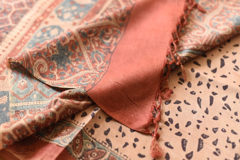 shop handmade ajrakh printed Tussar Silk saree