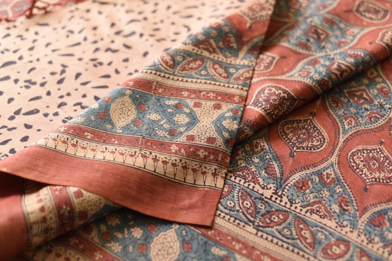 shop handmade ajrakh printed Tussar Silk saree