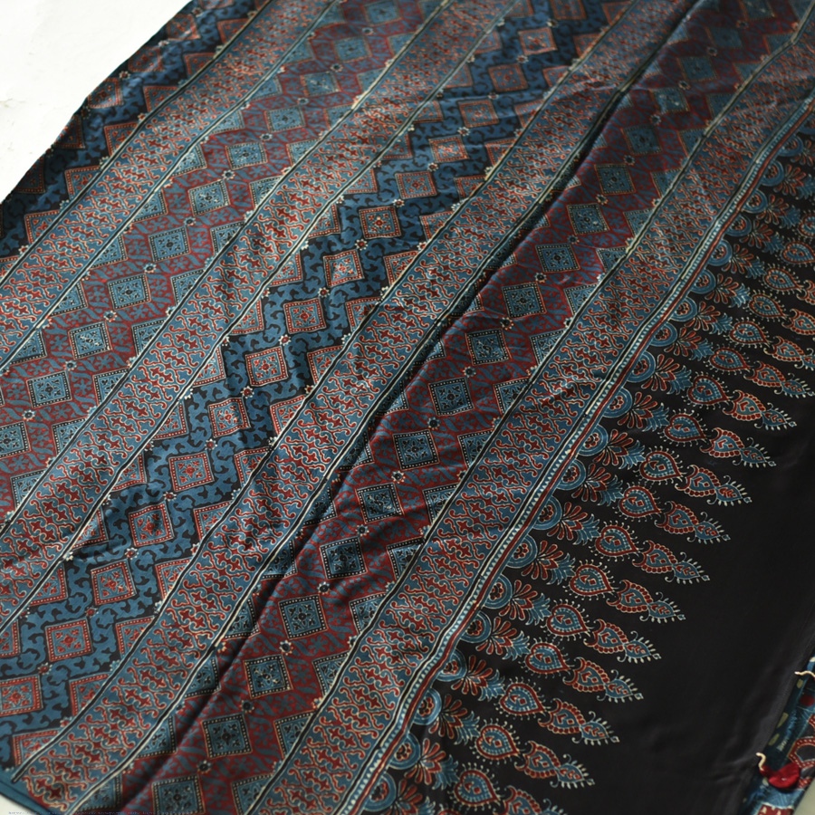 Shop Hand Block Printed - Ajrakh Modal Silk Saree