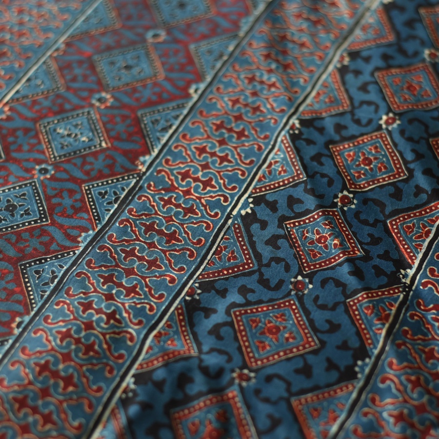 Shop Hand Block Printed - Ajrakh Modal Silk Saree