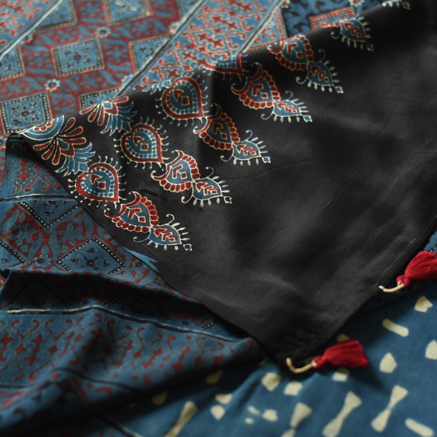 Shop Hand Block Printed - Ajrakh Modal Silk Saree