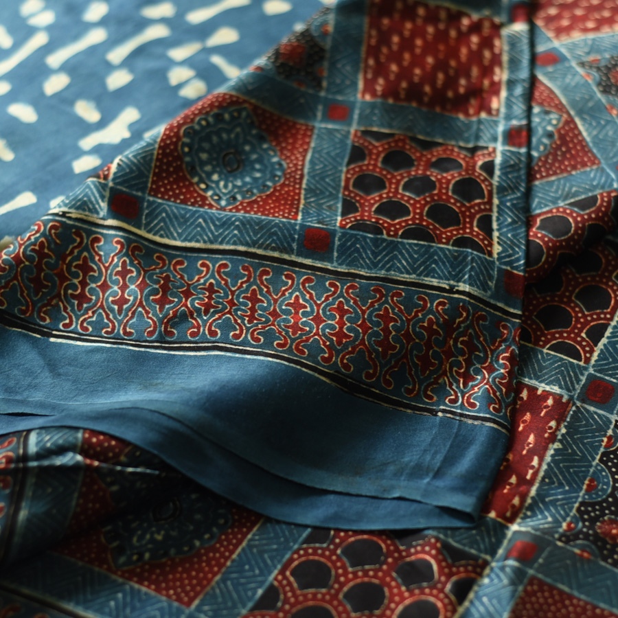 Shop Hand Block Printed - Ajrakh Modal Silk Saree