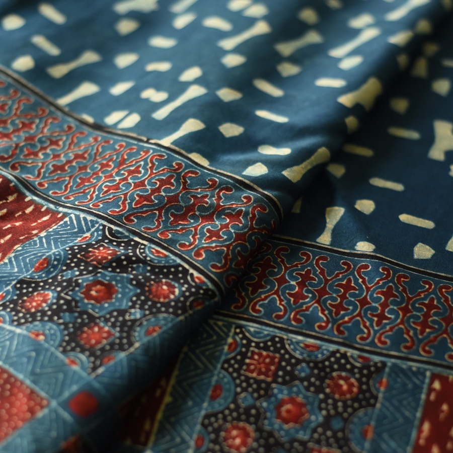 Shop Hand Block Printed - Ajrakh Modal Silk Saree