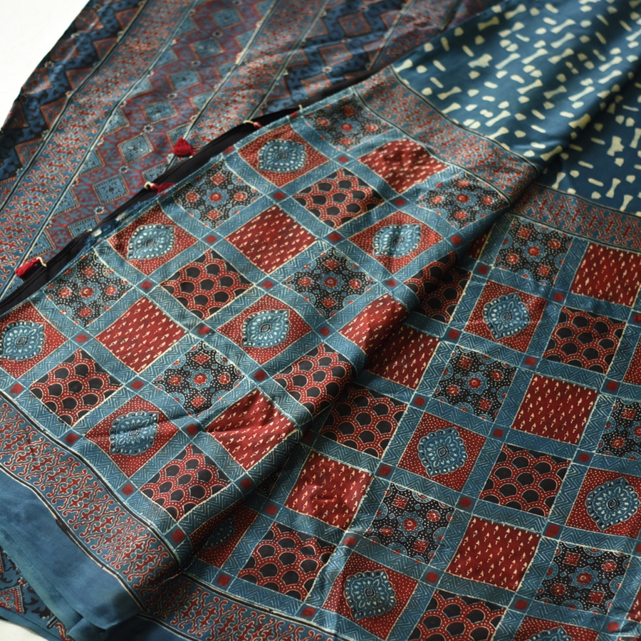 Shop Hand Block Printed - Ajrakh Modal Silk Saree