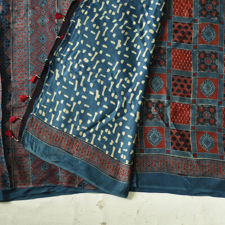 Shop Hand Block Printed - Ajrakh Modal Silk Saree