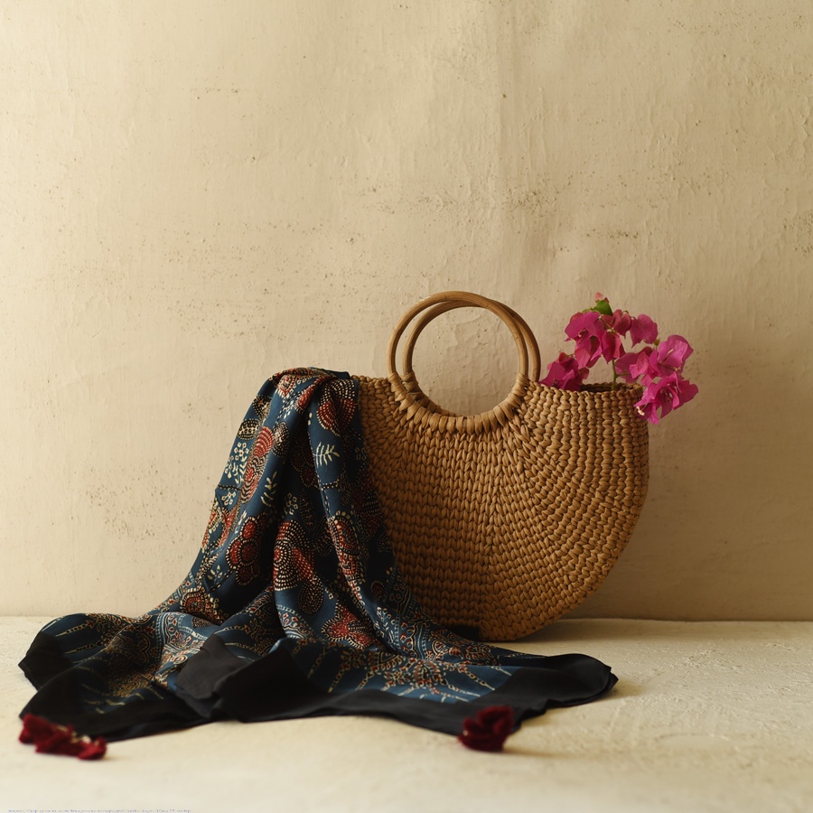 shop Ajrakh Flower Printed - Square Modal Silk Scarf