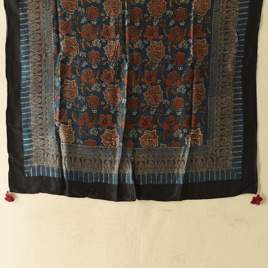 shop Ajrakh Flower Printed - Square Modal Silk Scarf
