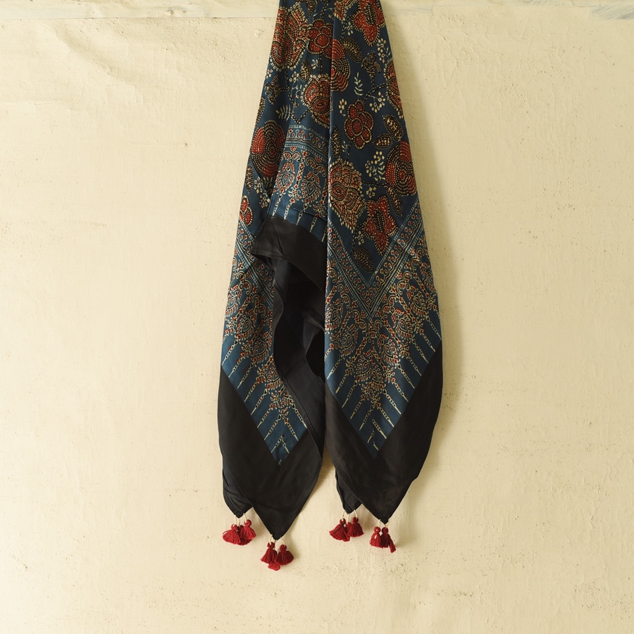 shop Ajrakh Flower Printed - Square Modal Silk Scarf