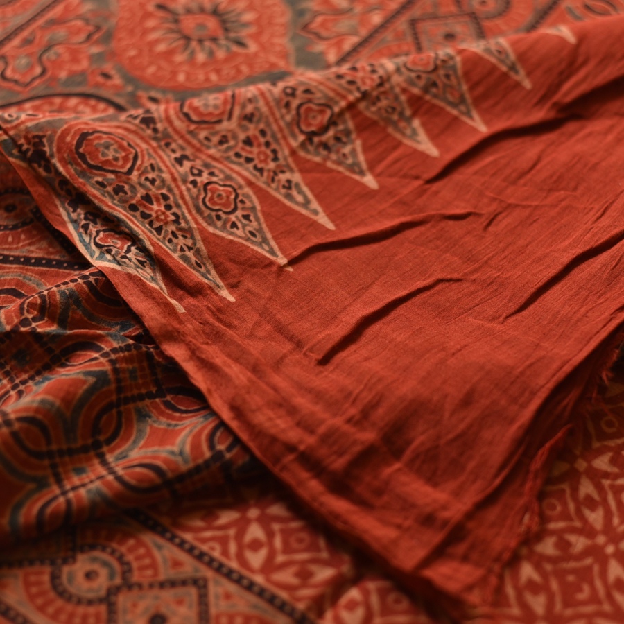 Online  Ajrakh Block Printed Mul Cotton Red Saree