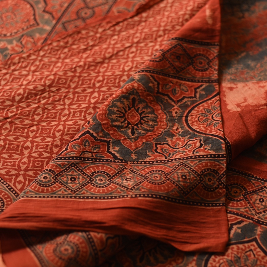 Online  Ajrakh Block Printed Mul Cotton Red Saree