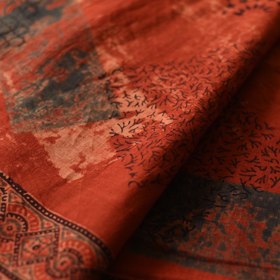 Online  Ajrakh Block Printed Mul Cotton Red Saree