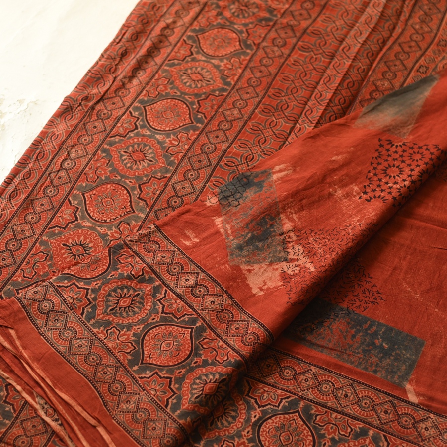 Online  Ajrakh Block Printed Mul Cotton Red Saree