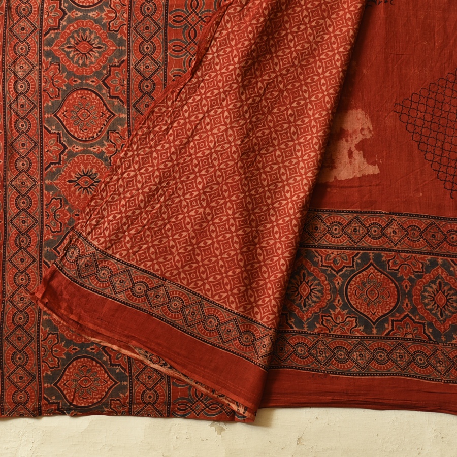 Online  Ajrakh Block Printed Mul Cotton Red Saree
