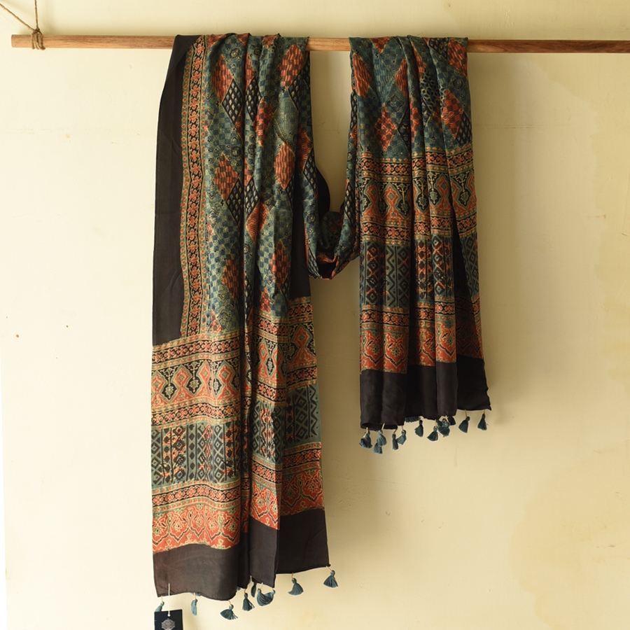 buy Ajrakh Mulberry Silk Dupatta - Natural dyed - E
