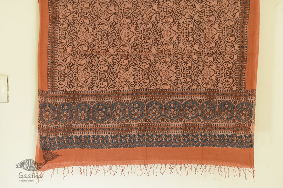 Handwoven Cotton - Ajrakh Block Printed Dupatta - Walnut Brown