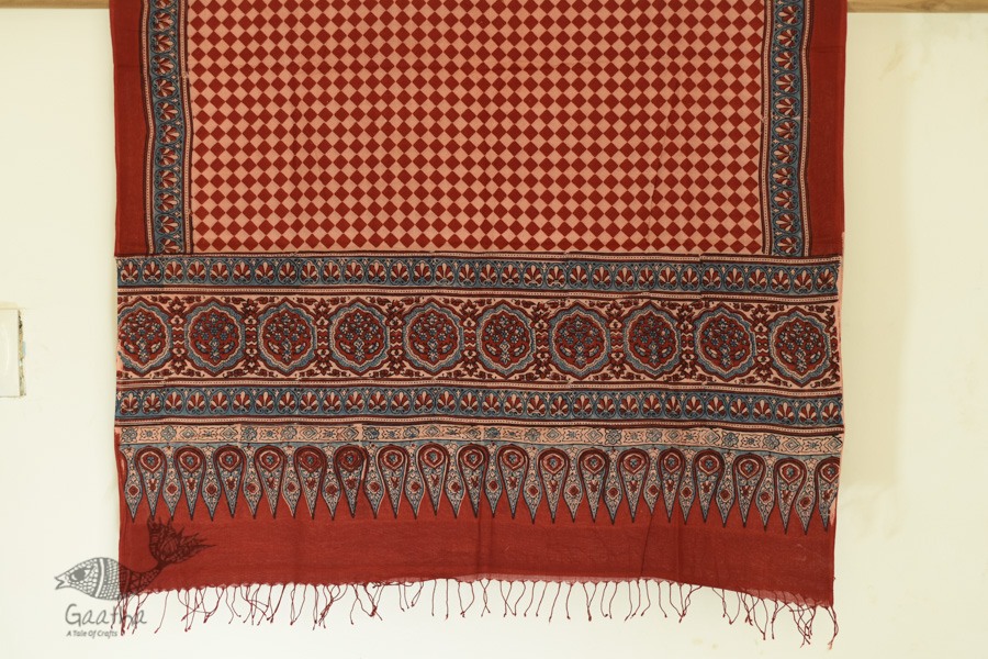 Handwoven Cotton - Ajrakh Block Printed Dupatta With Red Checks