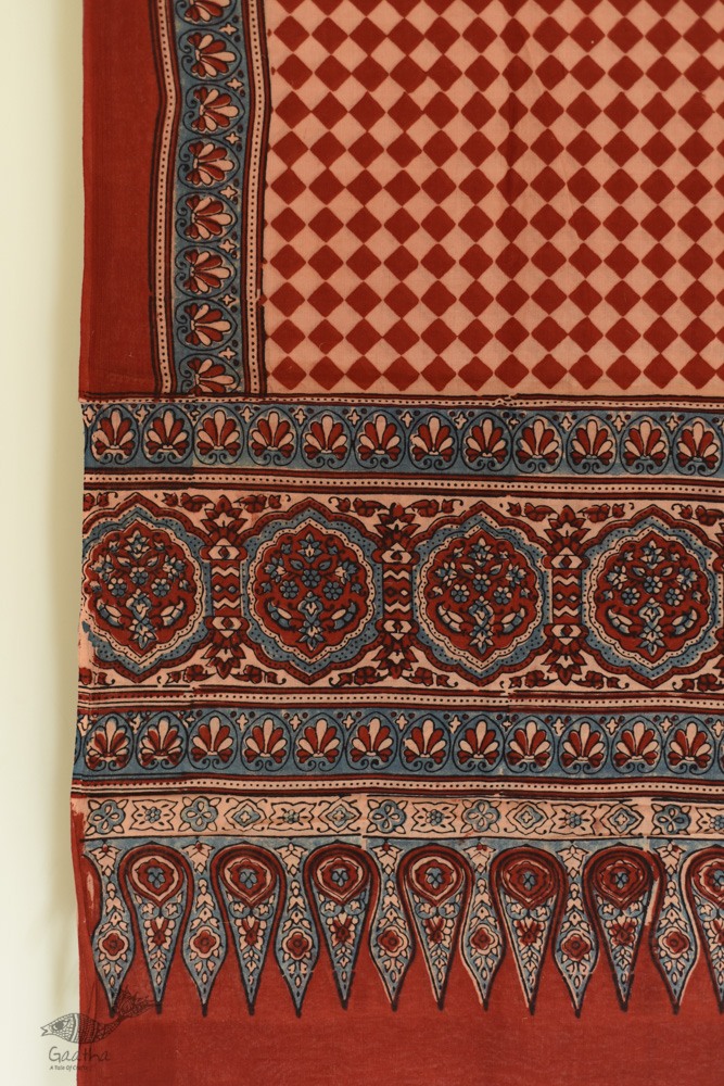 Handwoven Cotton - Ajrakh Block Printed Dupatta With Red Checks