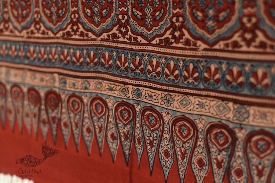 Handwoven Cotton - Ajrakh Block Printed Dupatta With Red Checks