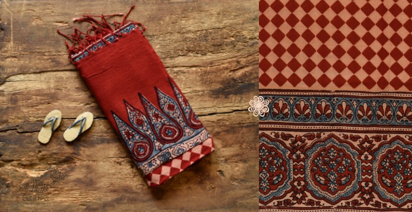 Handwoven Cotton - Ajrakh Block Printed Dupatta With Red Checks