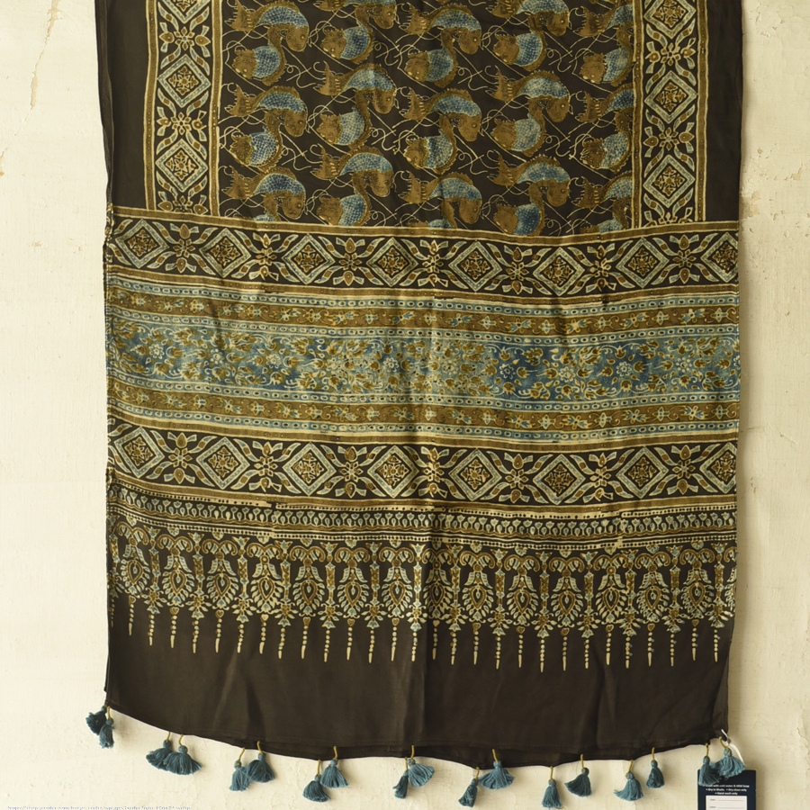 Shop Natural Dyed Ajrakh - Modal Silk Stole - Fish Motif
