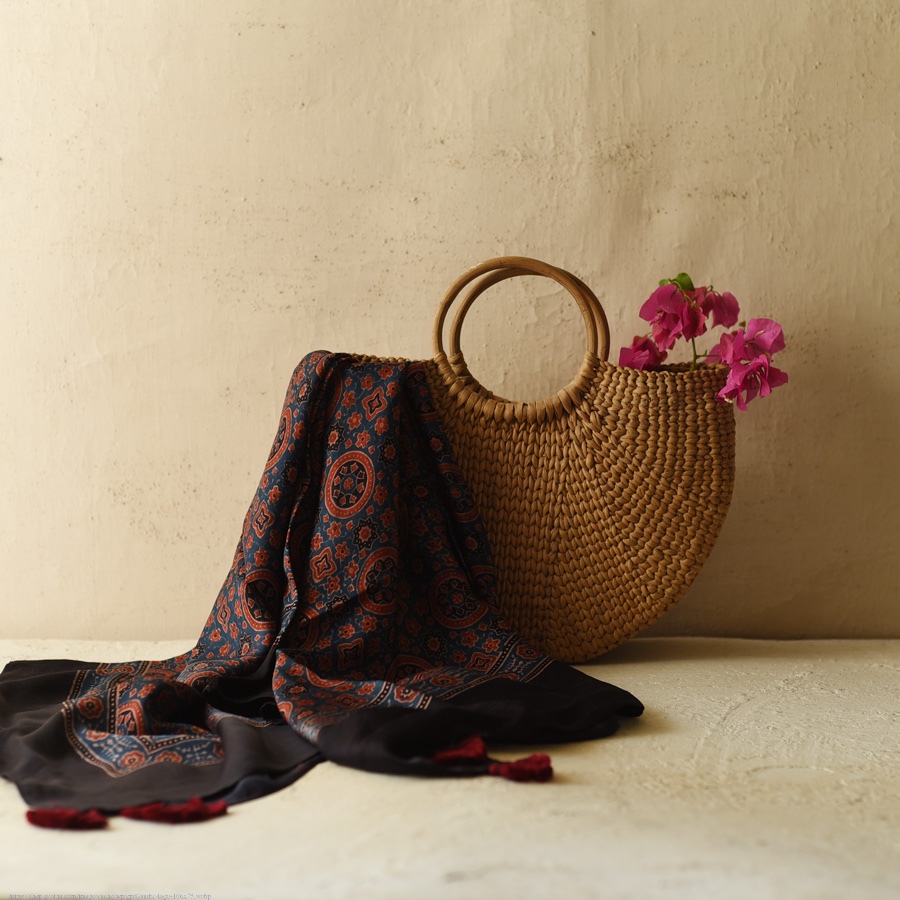 shop Red & Blue Ajrakh Block Printed - Square Modal Silk Scarf