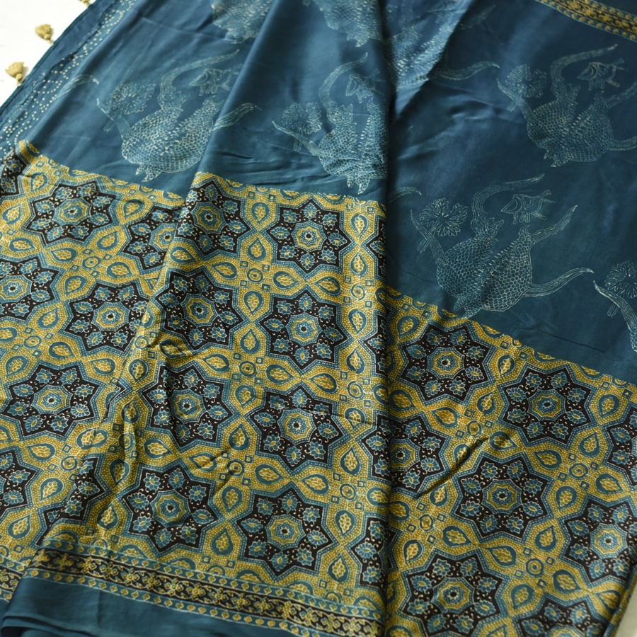 Shop Ajrakh Block Prints - Modal Silk Saree
