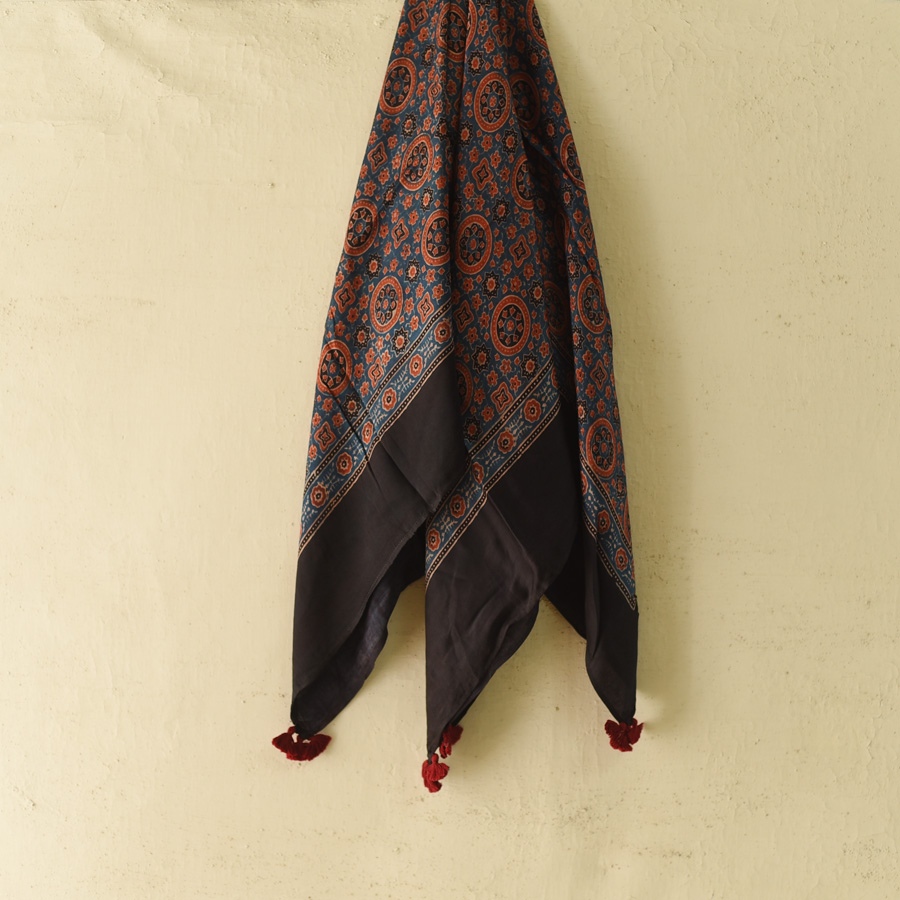 shop Red & Blue Ajrakh Block Printed - Square Modal Silk Scarf