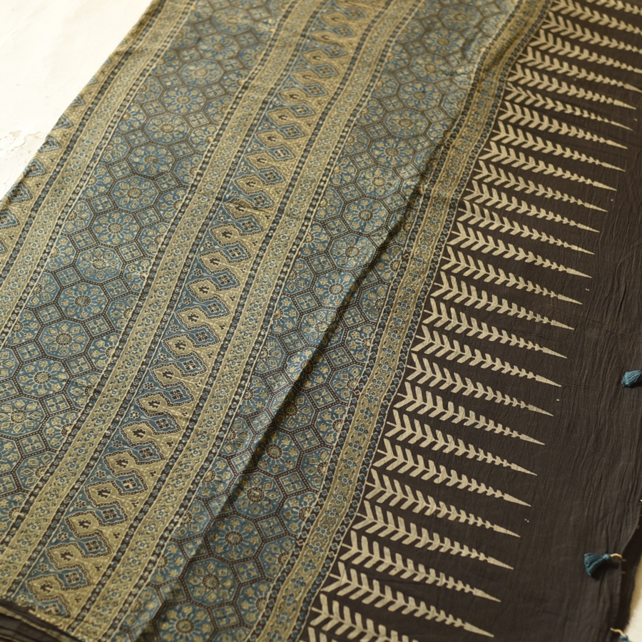 Online Ajrakh Block Print - Mul Mul Cotton Dark Brown Saree