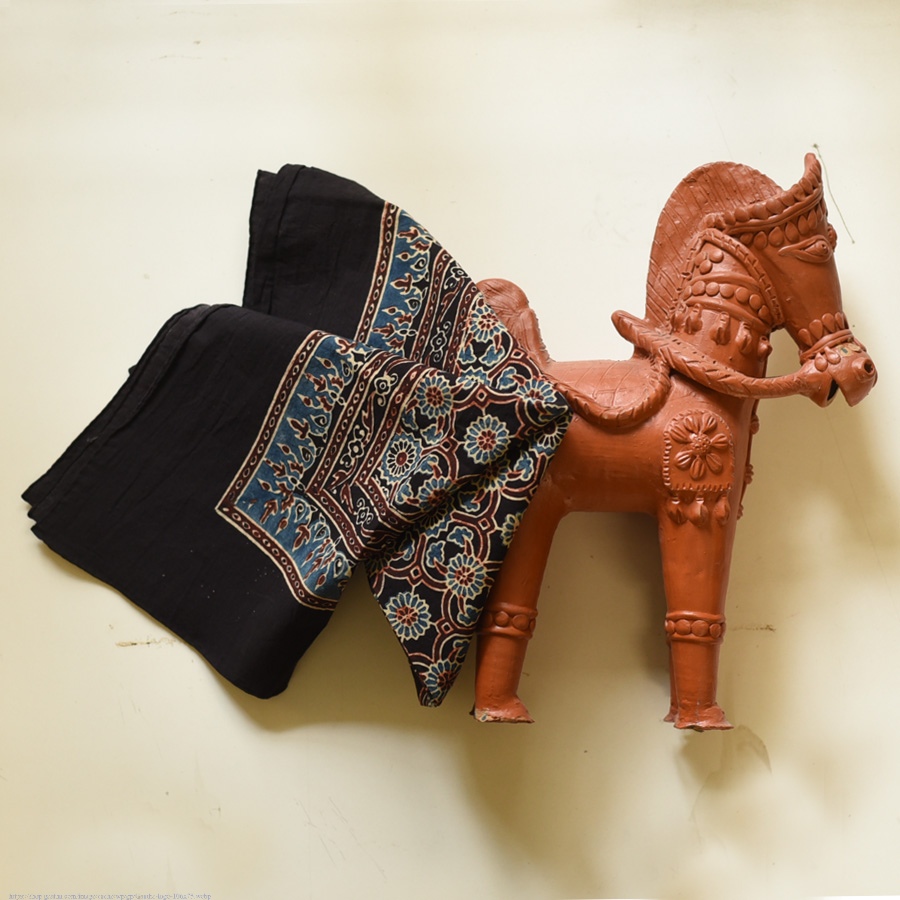 shop Hand Block Printed - Square Ajrakh - Black Scarf
