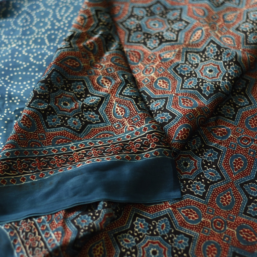Shop modal silk ajrakh Saree - Red & Blue Prints