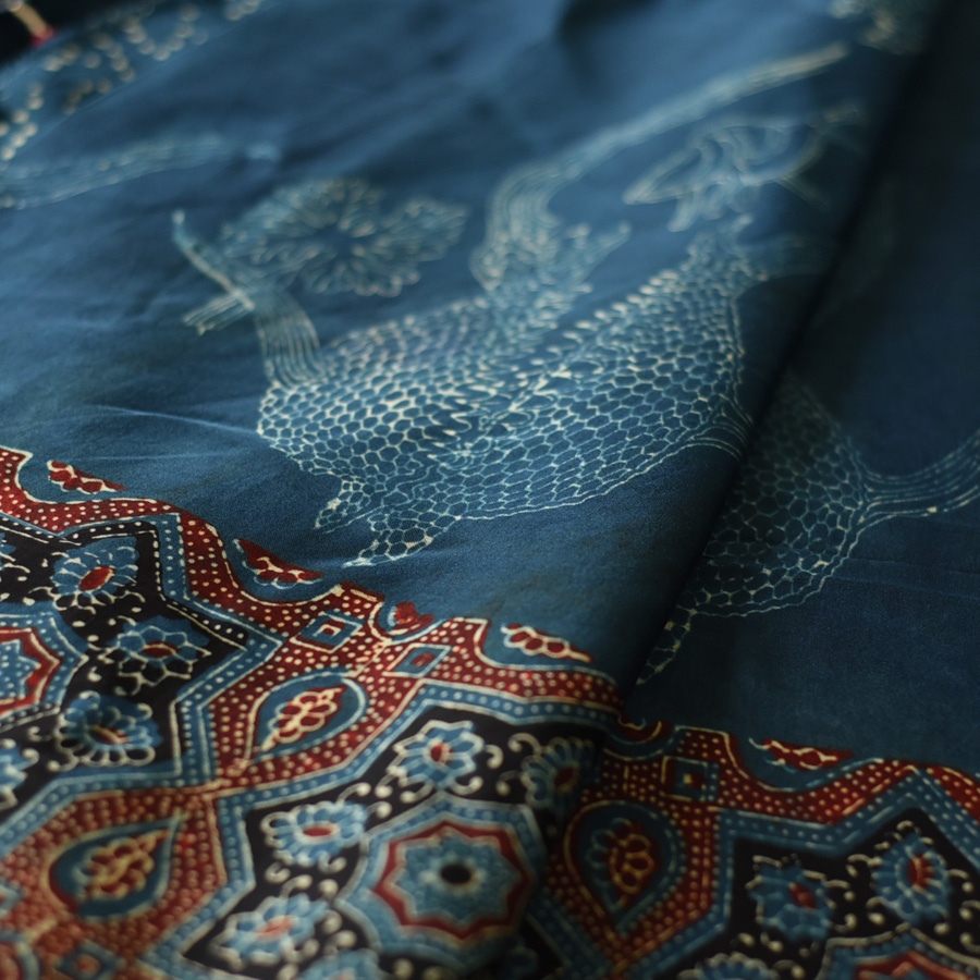 Shop modal silk ajrakh Saree - Red & Blue Prints