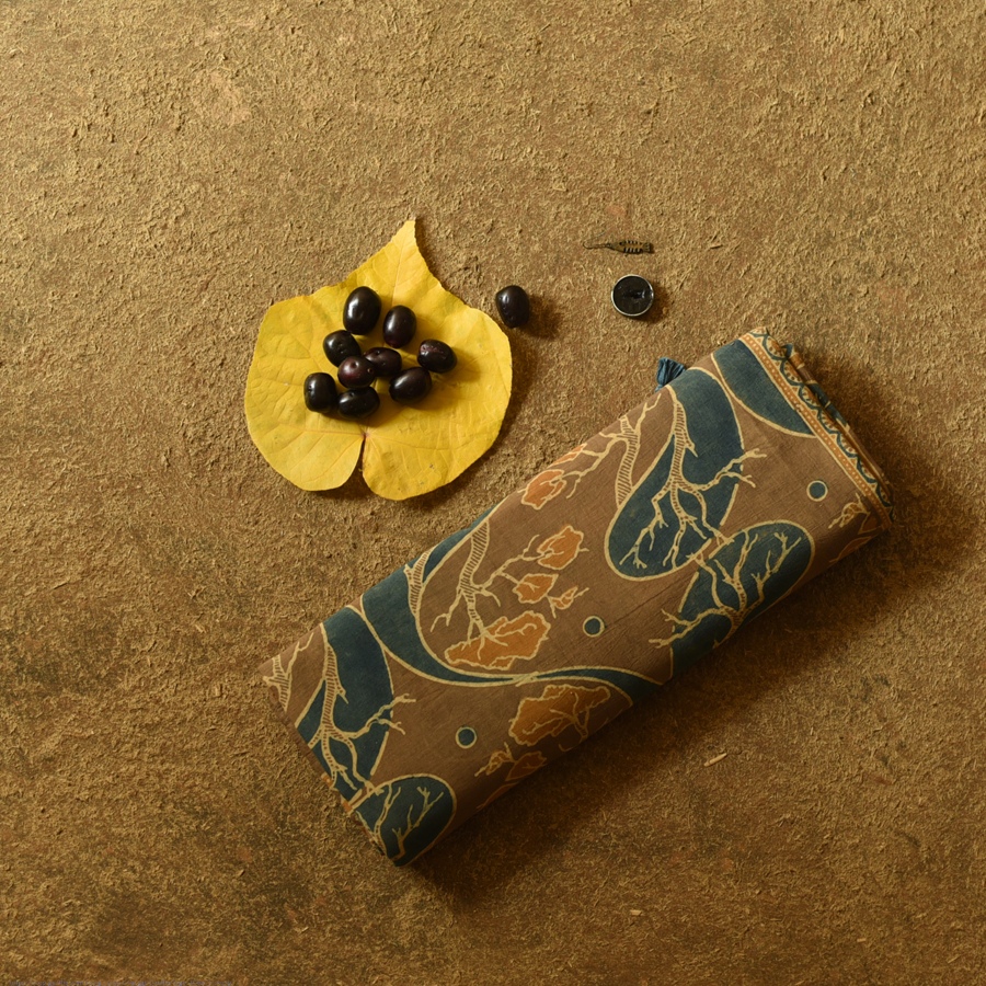 Online Ajrakh Mul Soft Cotton Saree - Tree Motif