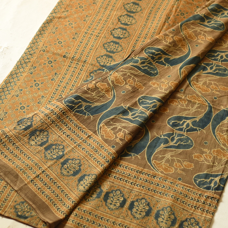 Online Ajrakh Mul Soft Cotton Saree - Tree Motif