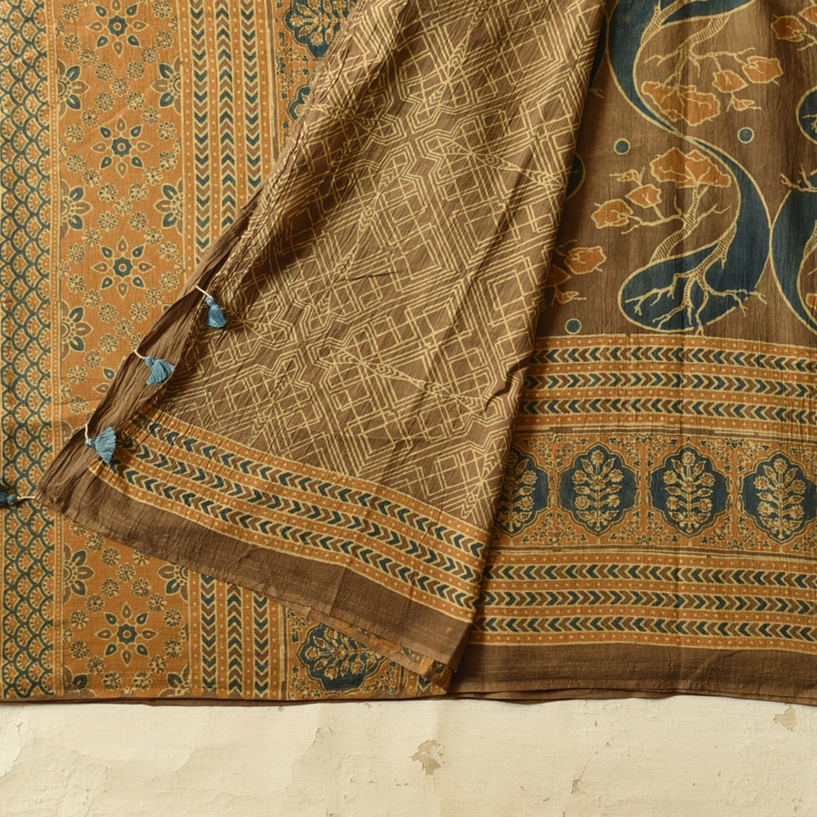 Online Ajrakh Mul Soft Cotton Saree - Tree Motif