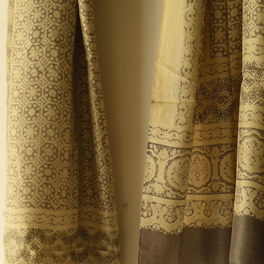 buy Ajrakh Mulberry Silk Dupatta - Natural dyed - Beige 
