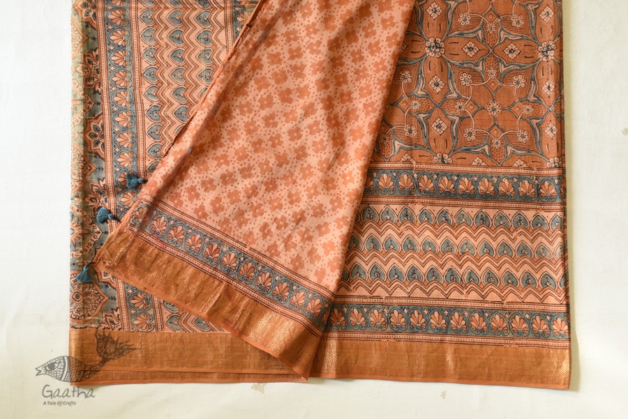 shop Ajrakh Ajrakh Mulberry Silk SareeNatural Dyed Ajrakh Hand Prints Mulberry Silk Saree