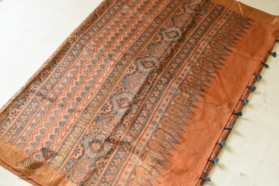 shop Ajrakh Ajrakh Mulberry Silk SareeNatural Dyed Ajrakh Hand Prints Mulberry Silk Saree