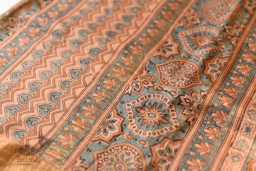 shop Ajrakh Ajrakh Mulberry Silk SareeNatural Dyed Ajrakh Hand Prints Mulberry Silk Saree