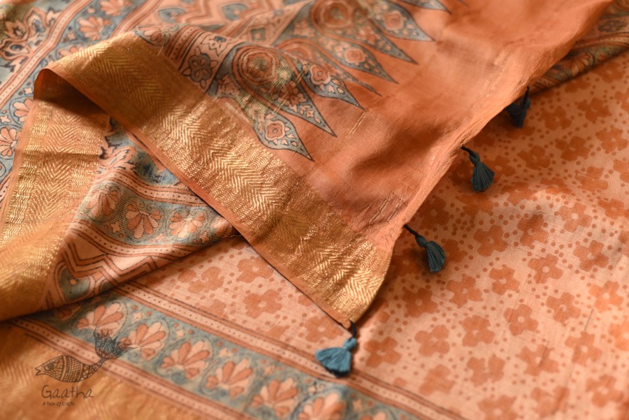 shop Ajrakh Ajrakh Mulberry Silk SareeNatural Dyed Ajrakh Hand Prints Mulberry Silk Saree