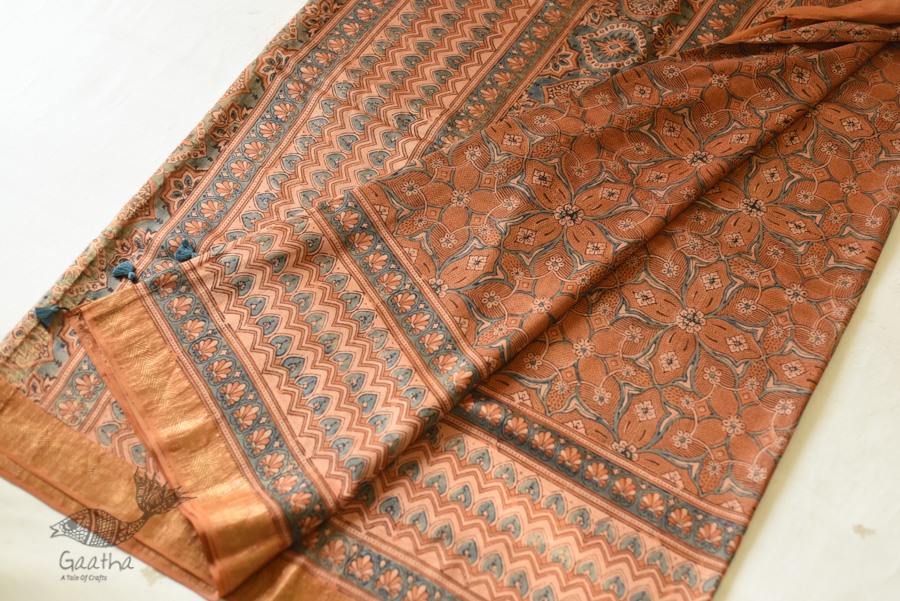shop Ajrakh Ajrakh Mulberry Silk SareeNatural Dyed Ajrakh Hand Prints Mulberry Silk Saree