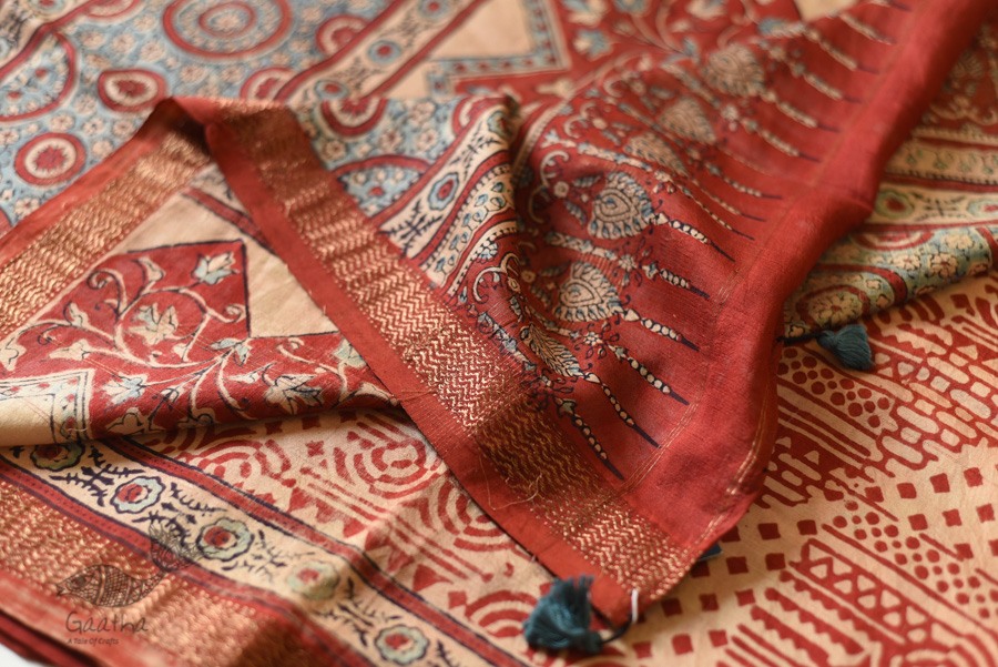 shop Ajrakh Ajrakh Mulberry Silk SareeAjrakh Mulberry Silk Saree - Flower Block Prints