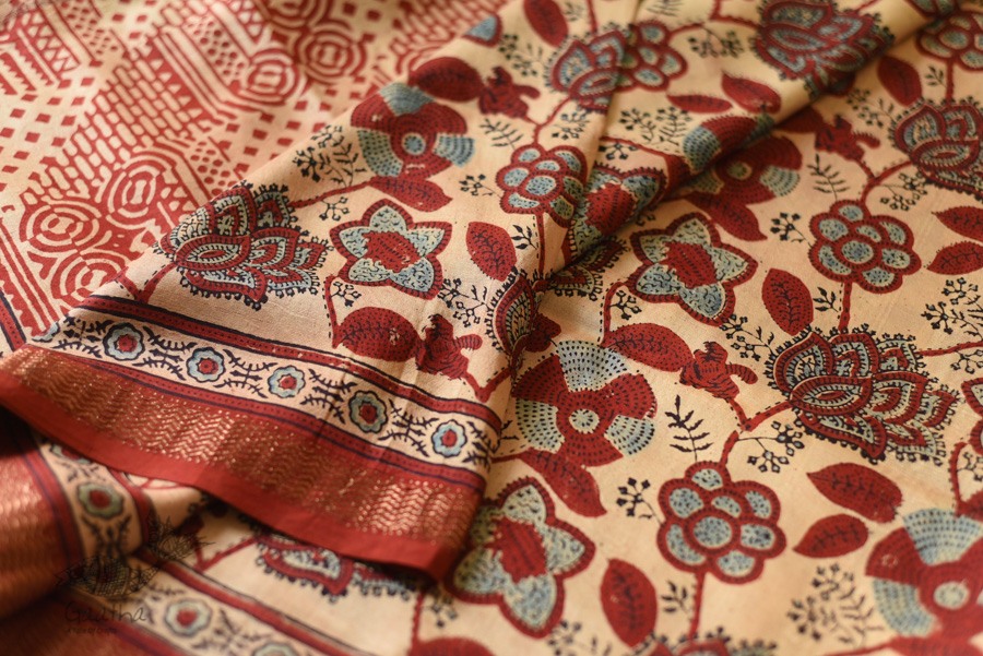 shop Ajrakh Ajrakh Mulberry Silk SareeAjrakh Mulberry Silk Saree - Flower Block Prints